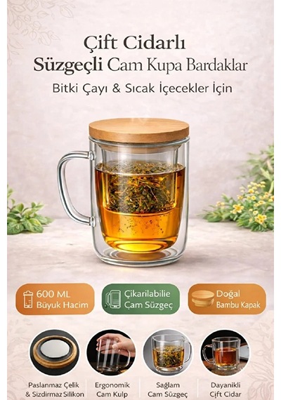 1 Adet Süzgeçli Cam Kupa Bardak 400 Ml Çift Cidarlı Isı Yalıtımlı Bambu Kapaklı Bitki Çayı Fincanı S Şefaf