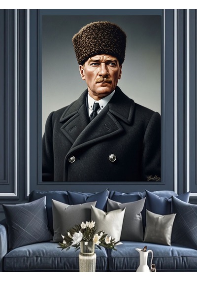 Siyah Kalpaklı Atatürk Portresi Dekoratif Kanvas - Mdf Ahşap Tablo