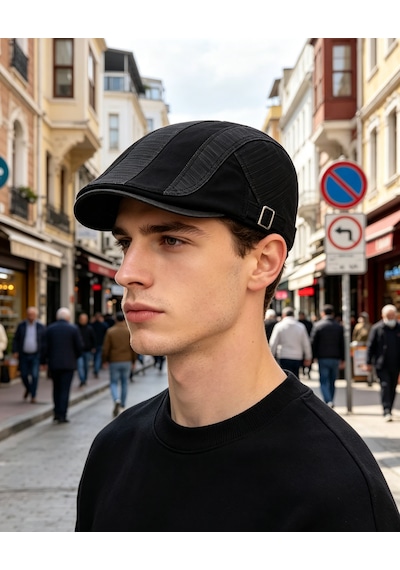 Unisex Klasik Gözlük Şapkası Siyah & Haki Retro Flat Cap Mevsimlik Kullanım