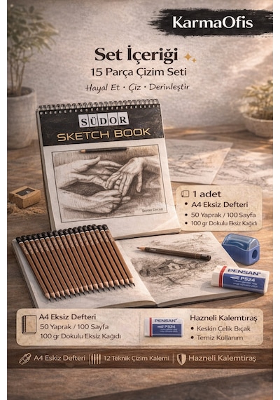 15 Parça Teknik Çizim Seti A4 Eskiz Defteri 12 Çizim Kalemi Silgi Kalemtıraş Set