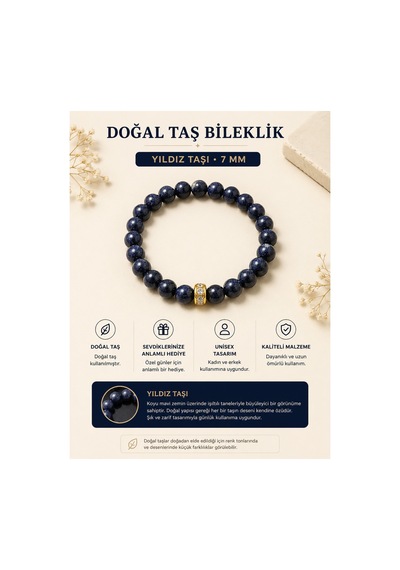 Leyan Doğaltaş 7 Mm Yıldız Taşı Bileklik El Yapımı Doğal Taş Kadın Bilekliği Lacivert Lacivert
