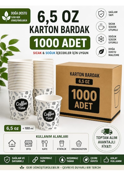 6,5 Oz Karton Bardak 1000 Adet Sıcak & Soğuk İçecek Uyumlu Tek Kullanımlık Dayanıklı Kağıt Bardak