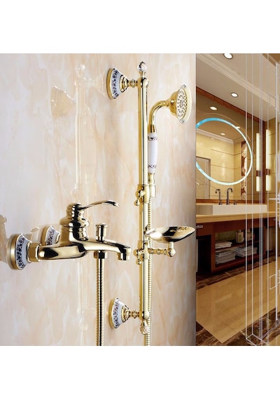 Banyo Altın Dore Duş Seti Özel Taşlı Altın