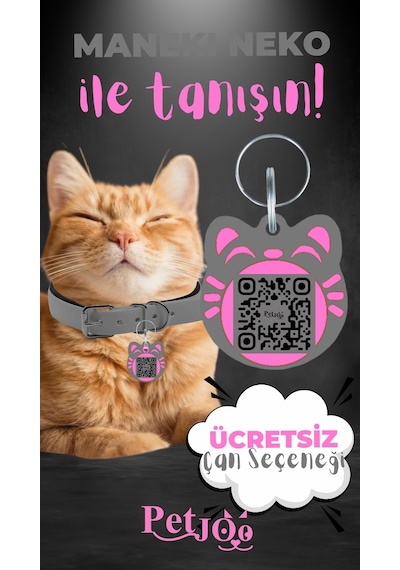 Petjoo 4.Maneki Neko Pembe-Gri Qr'lı Kedi Künyesi