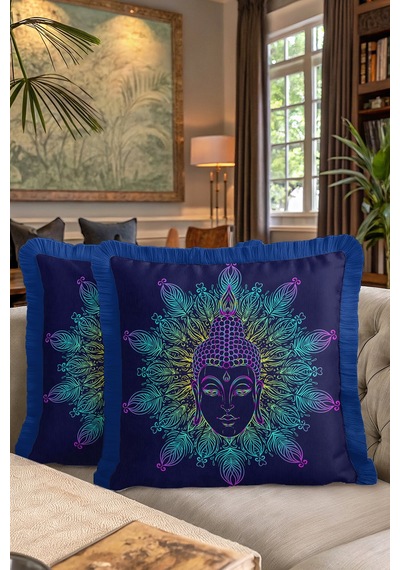 Mandala Buddha Portre Saçaklı Yastık Kılıfı - Spiritüel Bohem Mavi Sarı Püsküllü Kırlent Kılıfı Deniz Vizon