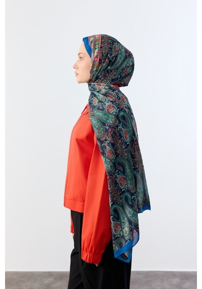 Mirsoy Scarf Asya Etnik Desen Şal Gece Mavisi