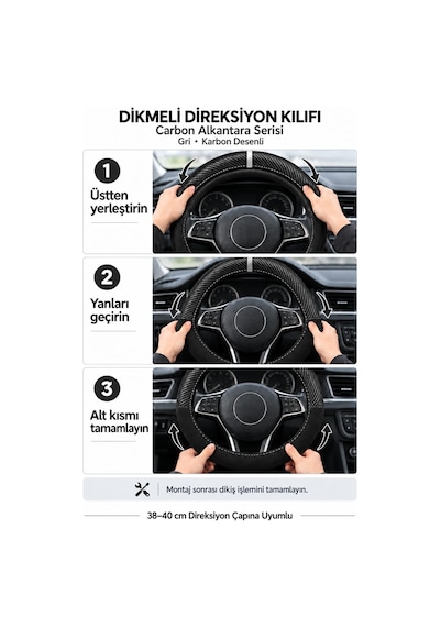 Trobus Dacia Spring 2021-2025 Uyumlu Dikmeli Direksiyon Kılıfı Carbon Alkantara Karbon Desenli Gri