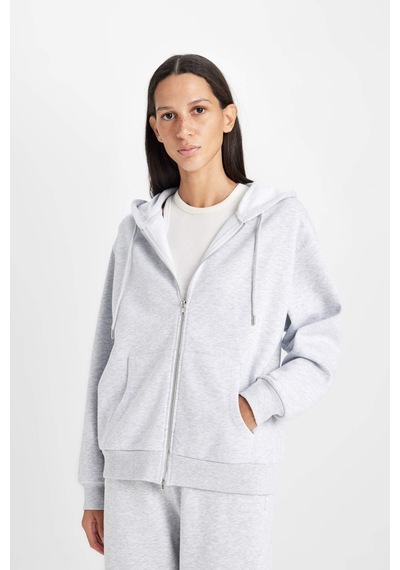 Defacto Relax Fit Kapüşonlu Basıc Kalın Fermuarlı Sweatshirt C1809AX26SP Gri