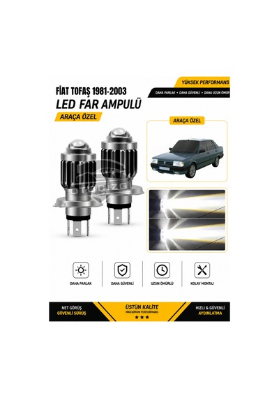 Fiat Tofaş 1981-2003 H4 Led Far Ampulü Beyaz Işık Canbus Mini Lensli 2'li Set