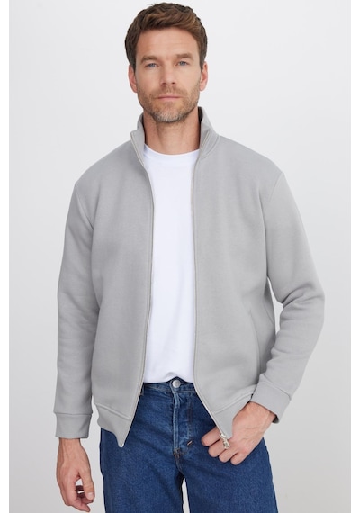 Tudors Unisex Relax Fit Rahat Kesim Pamuklu 3 İplik İçi Polarlı Fermuarlı Cepli Gri Sweatshirt Hırka-41680 Gri