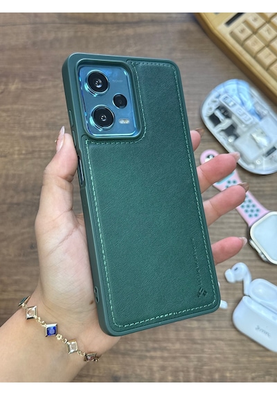 Samsung Galaxy Note 20 Ultra Uyumlu Premium Deri Dokulu Darbelere Dayanıklı Nazal Silikon Kılıf Haki