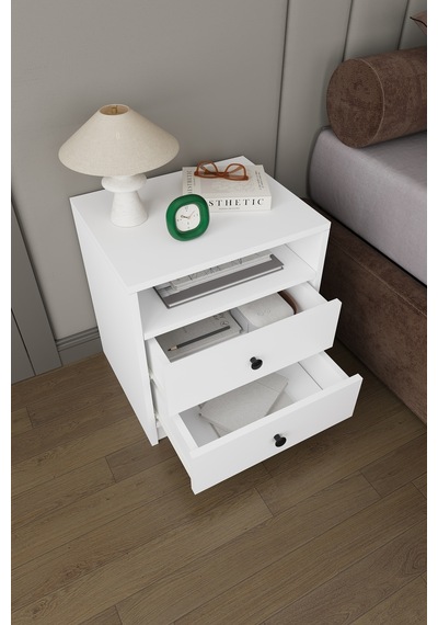 Modern 2 Çekmeceli Komodin Şifonyer %100 Mdf Çok Amaçlı Organizer Kmd04 Beyaz
