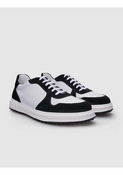 %100 Hakiki Deri Beyaz - Siyah Bağcıklı Erkek Sneaker-beyaz Beyaz