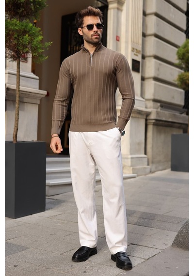 Madmext Açık Kahve Slim Fit Hakim Yaka Fermuarlı Erkek Triko Kazak E7518 Açık Kahverengi