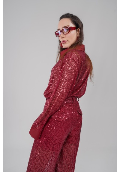Mayrem Oversize Kesim Pul Payet Gömlek bordo