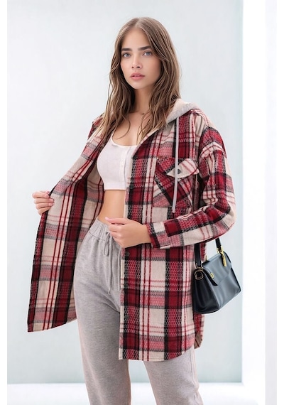 Mamayaga Kadın Desen Bloklu Oduncu Oversize Geniş Kalıp Casual Cepli Kapüşonlu Uzun Boy Ceket Gömlek Kırmızı Mamayaga Kadın Desen Bloklu Oduncu Oversize Geniş Kalıp Casual Cepli Kapüşonlu Uzun Boy Ceket Gömlek Kırmızı