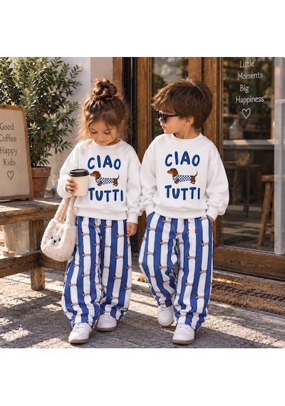 Ciao Tutti Baskılı Sweatshirt Sosis Köpek Baskılı Mavi Çizgili Eşofman 3ip Unisex Alt Üst Takım Beyaz Ciao Tutti Baskılı Sweatshirt Sosis Köpek Baskılı Mavi Çizgili Eşofman 3ip Unisex Alt Üst Takım Beyaz