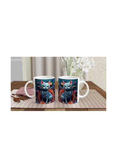 Çiçekli Sanatsal Kedi Baskılı Kupa Bardak Çok Renkli