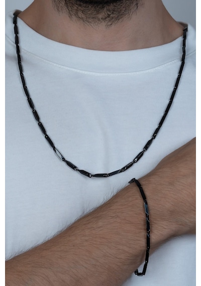 Dark Black Bambu Küp Unisex Çelik Kolye Ve Bileklik Seti Eck05S