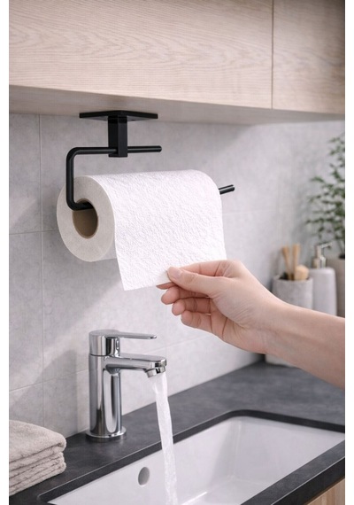 Siyah Rulo Havluluk Peçetelik Yapışkanlı Pratik Banyo Mutfak Askısı Kağıt Rulo Havluluk Siyah Metal Diğer