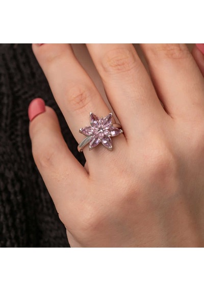 925 Ayar Gümüş Ayarlanabilir Pembe Lotus Çiçeği Kadın Yüzük Renkli