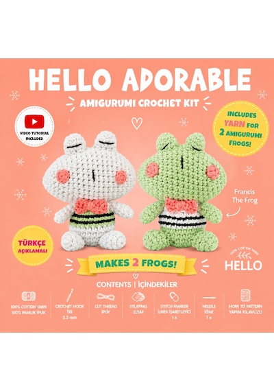 Bakgelal Hello Adorable Amigurumi Kurbağa Yapım Kiti , Kendin Yap Hobi Seti, Türkçe Anlatımlı