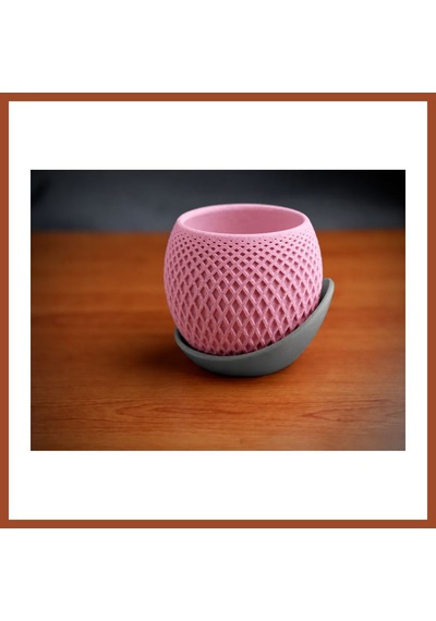 Bezos 3d Baskı Küre Saksı - Kafes Dokulu İki Parçalı Dekoratif Saksı - Pembe-gri Pro Standart