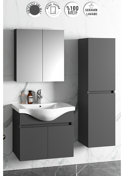 Yıldız 65+35 Cm Antrasit Gri Mdf Sepetli Asma Banyo Dolabı Takımı Antrasit - Gri