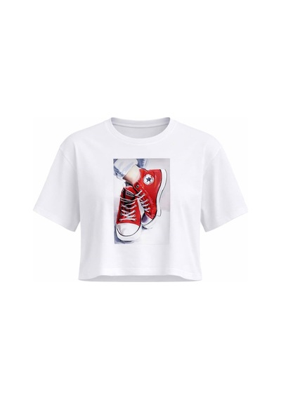 Kadın Beyaz Sneaker Baskılı Pamuklu Crop Tişört Beyaz