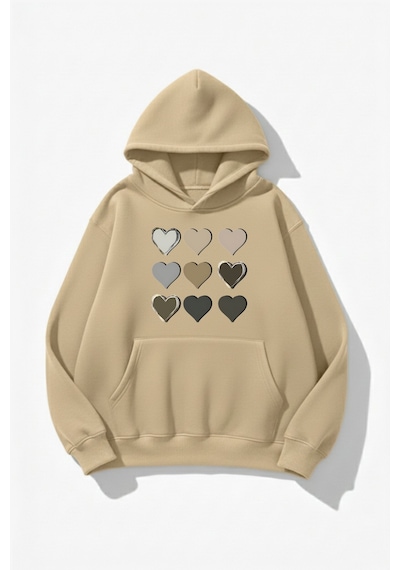 Uyguntarz Unisex Yumuşak Dokulu 9'lu Kalp Baskılı Tasarım Oversize 3 İplik Hoodie Sweatshirt Bej