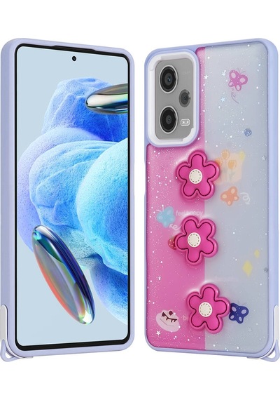 Xiaomi Redmi Note 12 Pro Plus 5g Kılıf Parlayan Simli Kabartma Figürlü Zore Cevze Kapak Mor Papatya