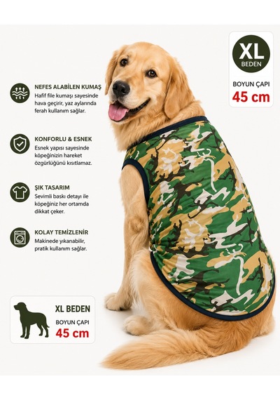 Köpek Tişörtü Xl Beden Boyun Çapı 45 Cm Kamuflaj Desenli Kolsuz Atlet - Yeşil Haki