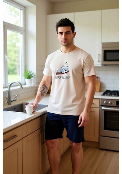 Frm Erkek Ve Indigo Koala Baskılı Pijama Takımı Fonksiyonel Dayanıklı Bej