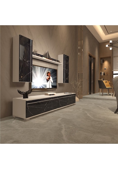 Decoraktiv Eko 7 Mdf Std Tv Ünitesi Tv Sehpası Beyaz - Siyah Mermer