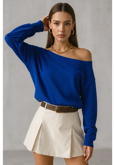Wild Bee Kadın Saks Mavi Düşük Omuz Modal Bluz