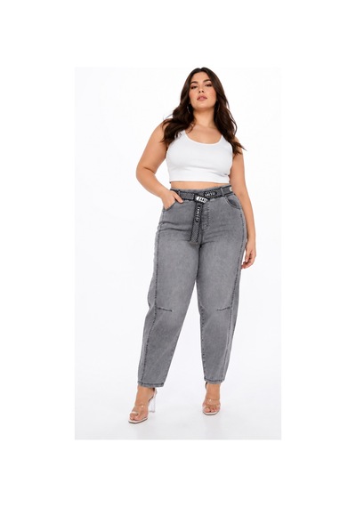 Zanessi Fashıon Büyük Beden Denim Kemerli Yüksek Bel Mom Kadın Pantolon Siyah