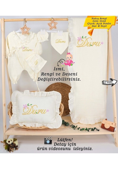 Gros Shop Yeni Doğan %100 Pamuk Müslin Hastane Çıkış Mevlüt Seti-takı Yastık Kişiye Özgü İsimli Nakış Desenli Ekru-2