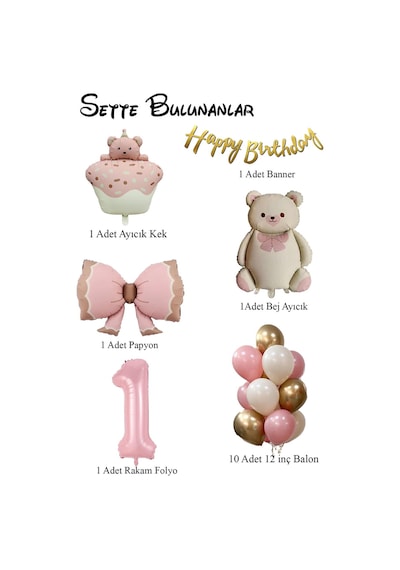 Retro 1 Yaş Ayıcık Temalı Kız Bebek Konsept Doğum Günü Seti Pembe