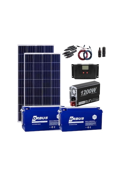 Mini Bağ Evi Solar Paketi 1200W İnverter 250W Güneş Paneli 2 x 100Ah Jel Akü