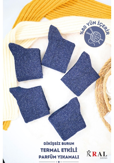 Kral Socks Erkek Kışlık Termal Etkili 5'li Paket Lambswool Kuzu Yün Çorap Lacivert