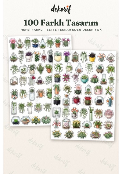 Kaktüs Ve Sukulent Sticker Seti 100 Adet - Saksı Bitki Çöl Çiçeği Botanik Ajanda Journal Çıkartma Çok Renkli