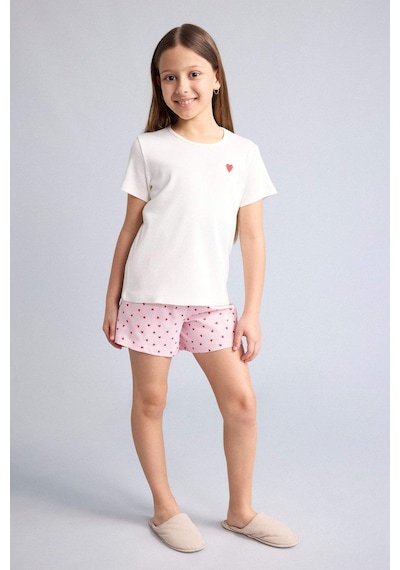 Defacto Regular Fıt Fitilli Kaşkorse Şort Tişört 2li Pijama Takımı Kız Çocuk H5705a826smer233 Ekru-er233