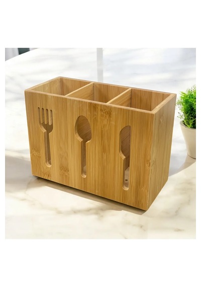 Bambu 3 Bölmeli Kaşıklık Tezgah Üstü Organizer Çatal Kaşık Bıçak