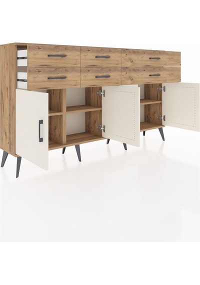 Arges Konsol 3 Raflı 6 Çekmeceli 4 Kapaklı 176x30x99 Çam-aytaşı/çam Aytası/atlas Çam - Atlas Çam