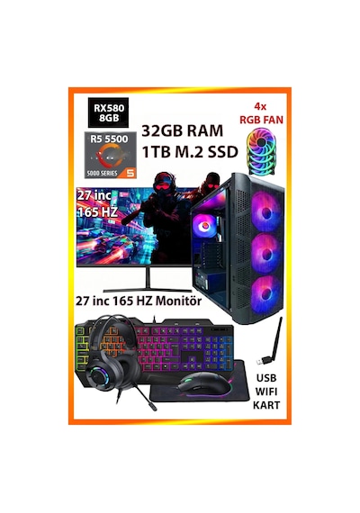 Comloji CMLJ28 R5-5500 32 GB 1 TB SSD RX580 27" Free Dos Masaüstü Oyuncu Bilgisayarı
