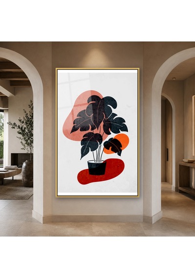 Saksıda Minimal Monstera Gold Çerçeveli Cam Tablo