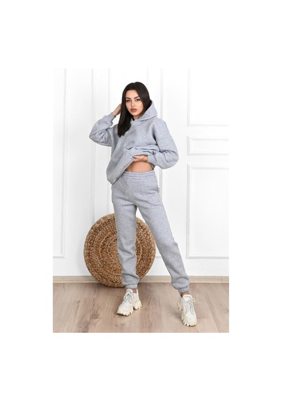 Düz Basic Eşofman Takımı Sweatshirt Jogger - Gri Oversize Şardonlu Kapüşonlu Gri