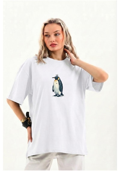 Wear Vexel Kadın T-shirt Penguen Baskılı Bisiklet Yaka Kısa Kol Yazlık Tişört - Beyaz Beyaz