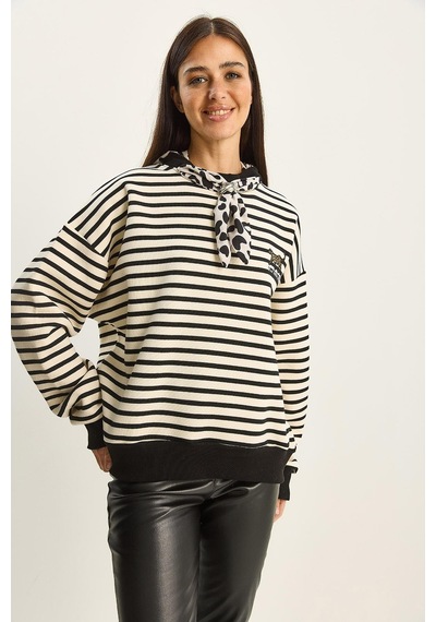 Shade Kadın Fular Detaylı Leopar Nakışlı Çizgili Üç İplik Şardonlu Oversize Sweatshirt 6973 60283818 - Ekru-siyah Çok Renkli Shade Kadın Fular Detaylı Leopar Nakışlı Çizgili Üç İplik Şardonlu Oversize Sweatshirt 6973 60283818 - Ekru-siyah Çok Renkli
