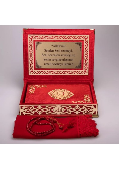 Şal + Tesbih + Kuran Hediye Seti Orta Boy, Şemslafzatullah, Gold Pleksi, Raşel Kutu, Kırmızı